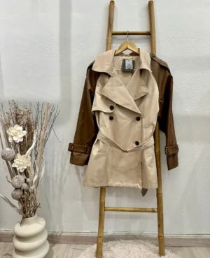 Καμπαρντίνα μπεζ με καφέ μανίκια δερματίνη