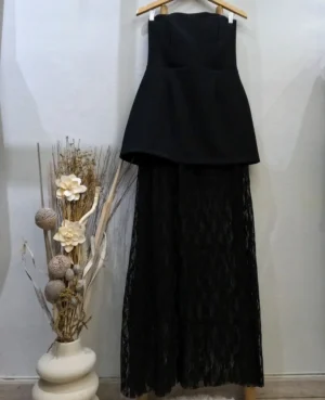 Φόρεμα στράπλες maxi με δαντέλα